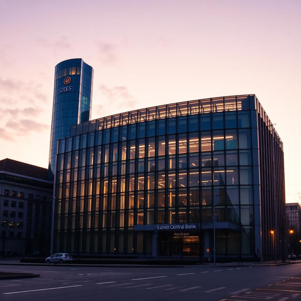Frankfurter EZB-Turm bei blauer Stunde